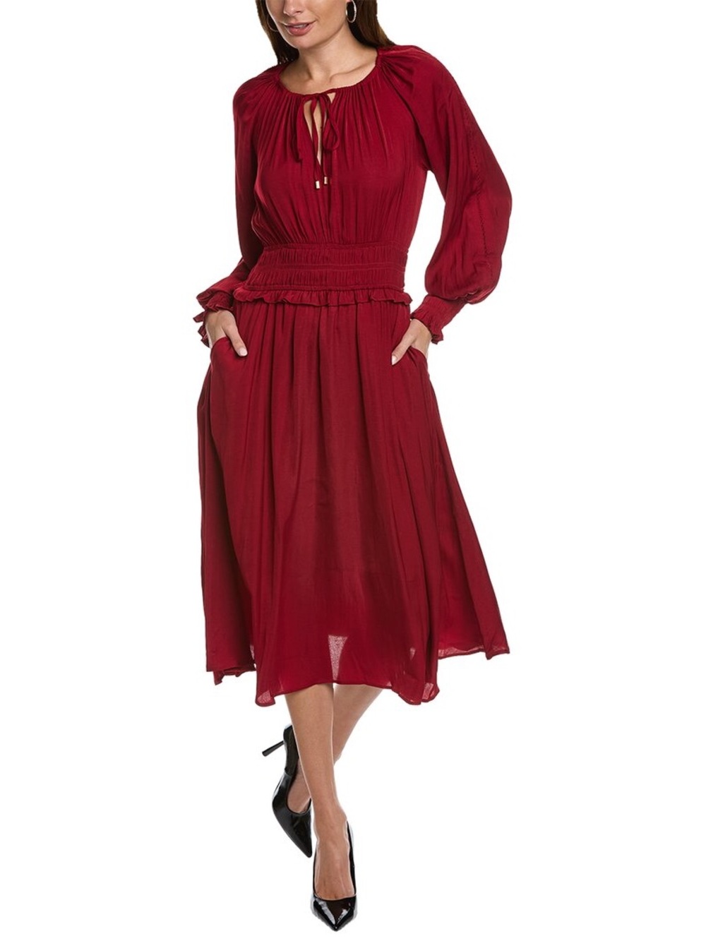 Elie Tahari Burgundy Long-Sleeve Midi Dress